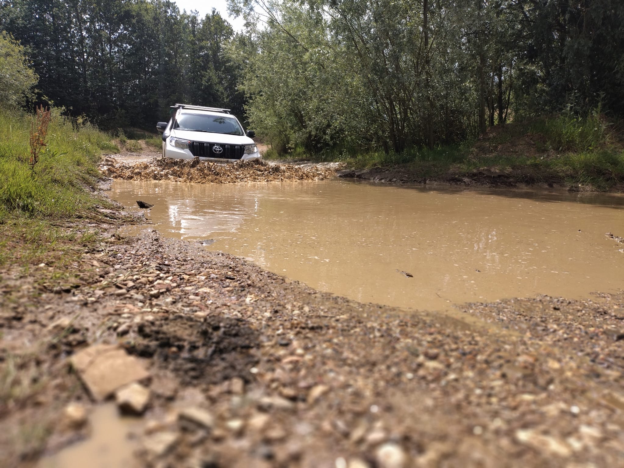 Photo of a Toyota Land Cruiser Driving through a muddy body of water with trees at the side.